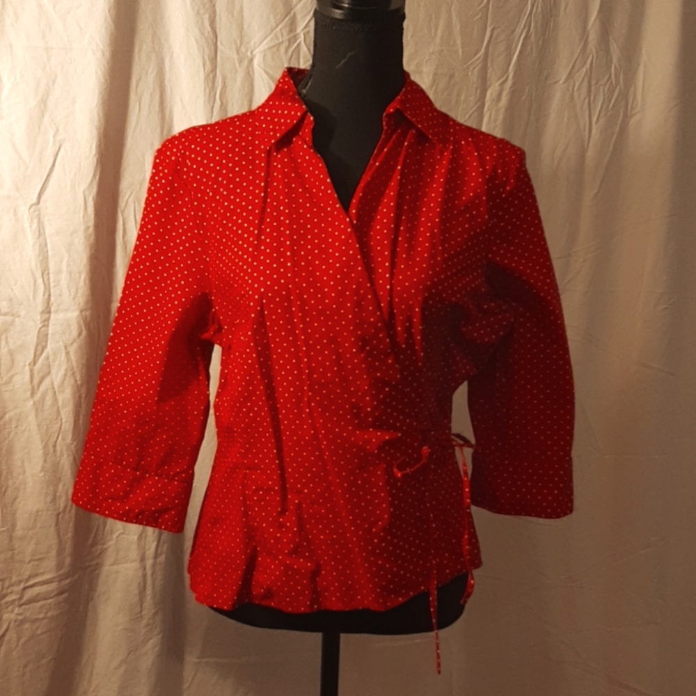 Vintage red fitted wrap blouse 14 white polka dots